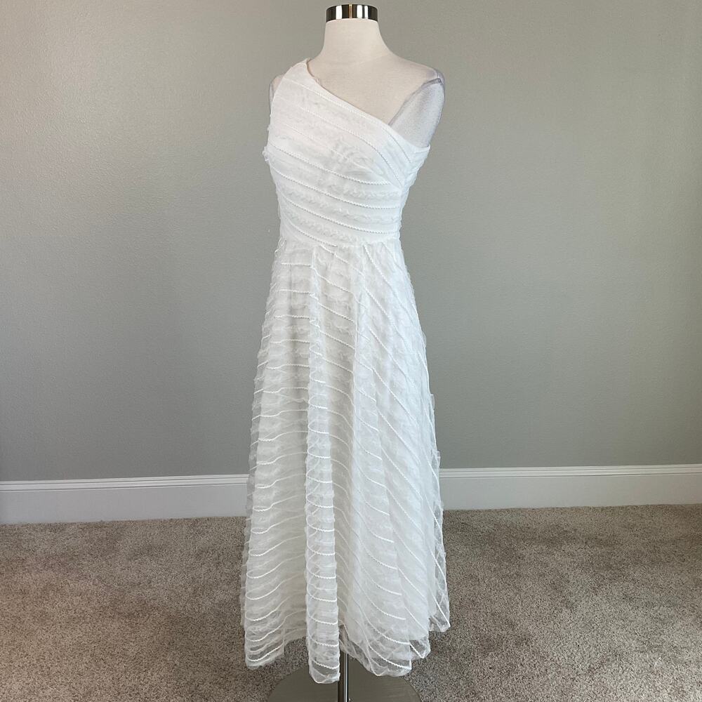 AQUA White Embroidered Lace One Shoulder A-Line Midi Cocktail Dress Size 4 - Picture 5 of 11